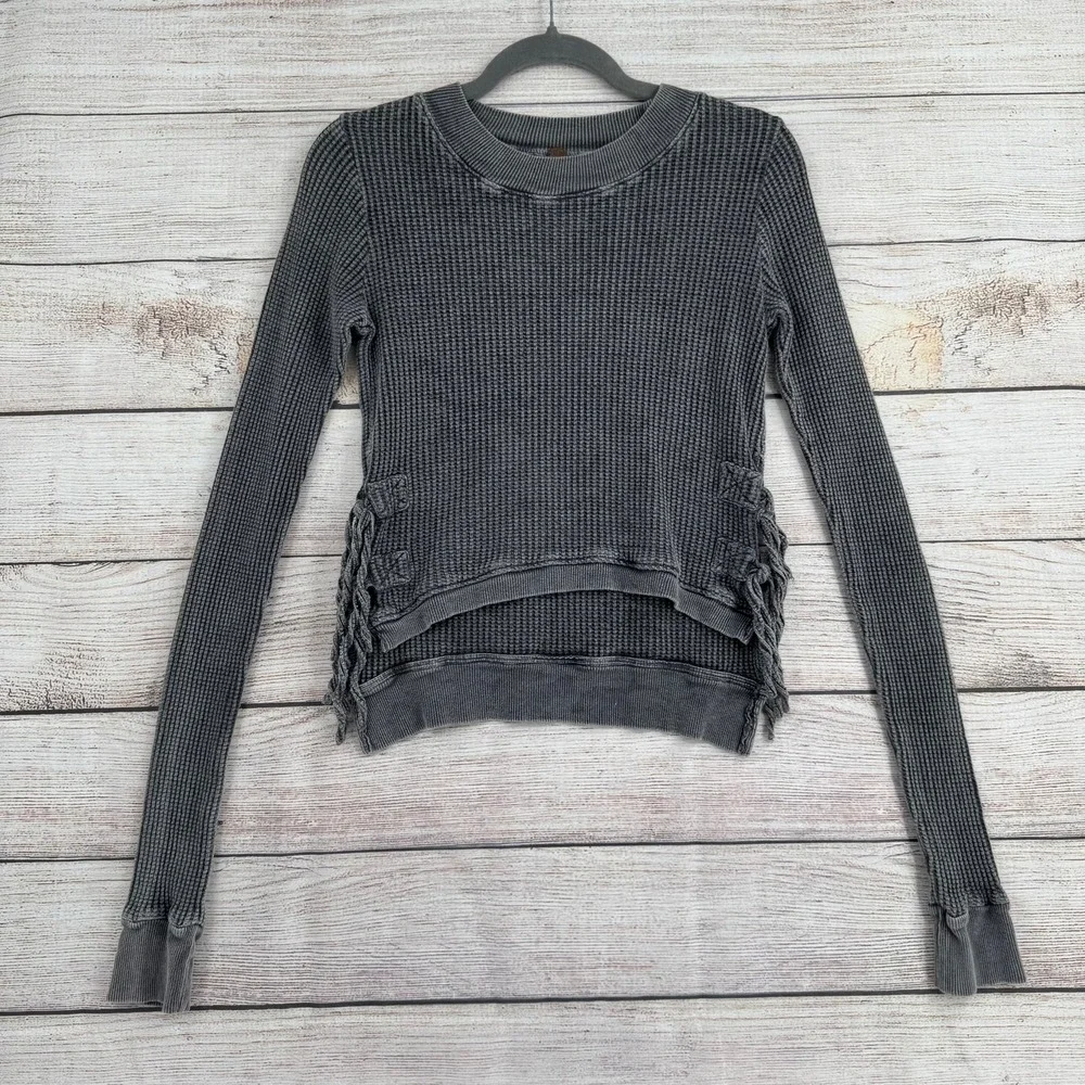 Free People FP One Thermal Top Women XS Gray Waffle Knit High Low Boho